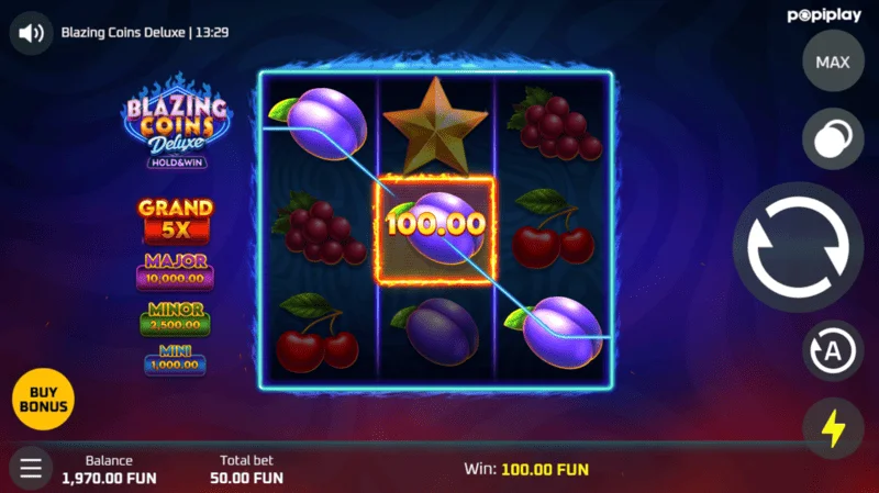 Ganho no jogo base do Blazing Coins Deluxe