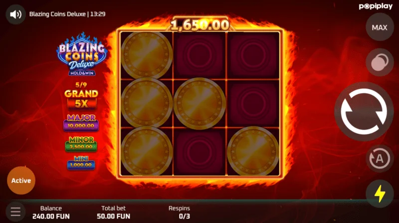 Tela de jogo de respin do Blazing Coins Deluxe