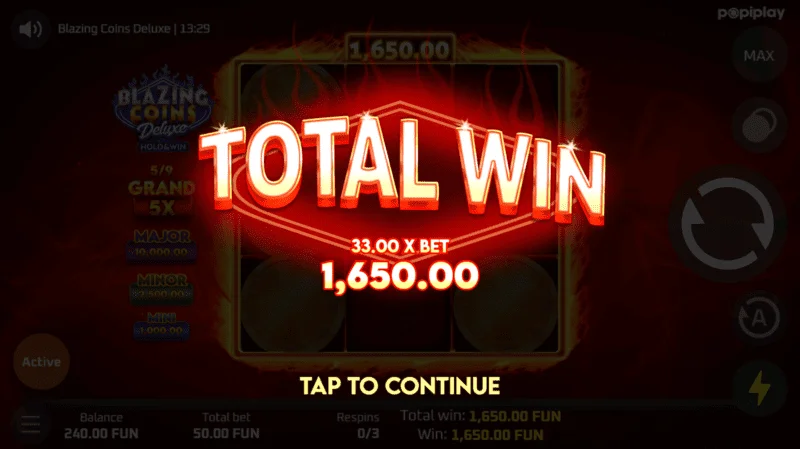Ganho total do respin do Blazing Coins Deluxe
